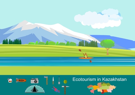 Eco tourism, rafting sport in the rivers of Kazakhstan vector illustration. Active life style, Extreme sportsのイラスト素材