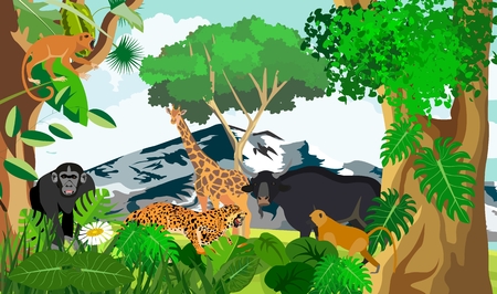 African jungle animals, fauna, giraffe, buffalo, monkey, vector illustrationのイラスト素材