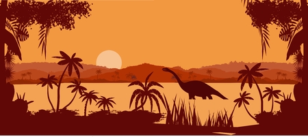 vector panorama of prehistoric tropical lake, with dinosaurs silhouettesのイラスト素材