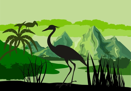 vector illustration of tropical lake with mountains, trees and ibis in jungle rainforest wetlandのイラスト素材