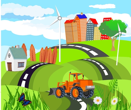 Abstract vector city. Countryside Road in green hills, tractor, Vector artのイラスト素材