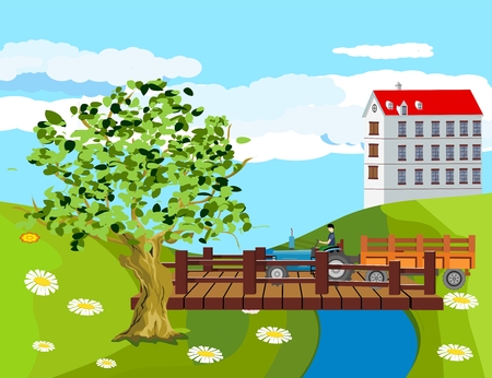 Cottage house with red roofs in green hills, wooden bridge over the river clean green invironment, countryside, vector illustrationのイラスト素材