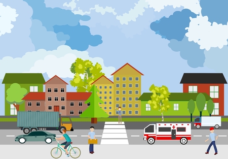 Urban landscape, cityscape, city street, cars and people, concept vector illustrationのイラスト素材