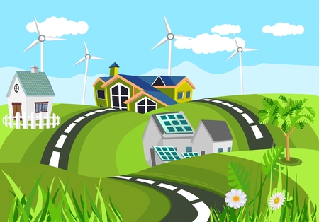 Ecologically clean houses in green hills clean green invironment, countryside, vector illustrationのイラスト素材