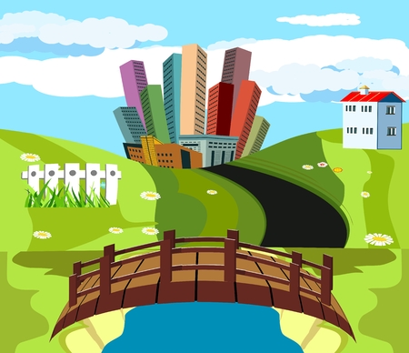 Wooden old bridge over the river, cityscape countryside, concept vector illustrationのイラスト素材