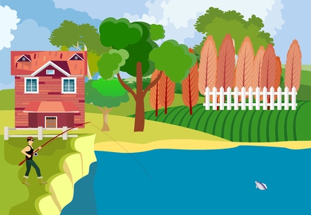 Fisherman catch the fish at the river, countryside, concept vector illustrationのイラスト素材