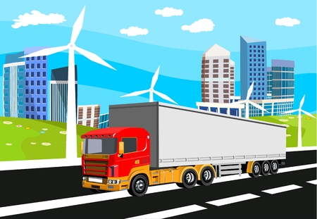 Truck driving on the highway, urban building and green hill on the background, countryside, vector illustrationのイラスト素材