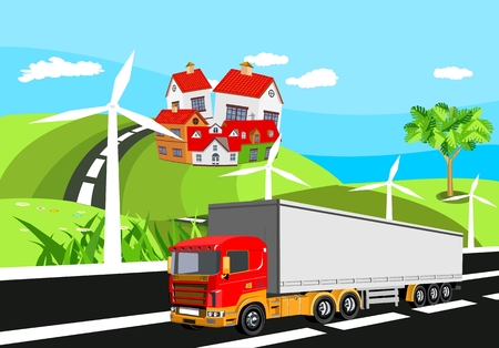 Truck driving on the highway, village houses and green hill on the background, countryside, vector illustrationのイラスト素材