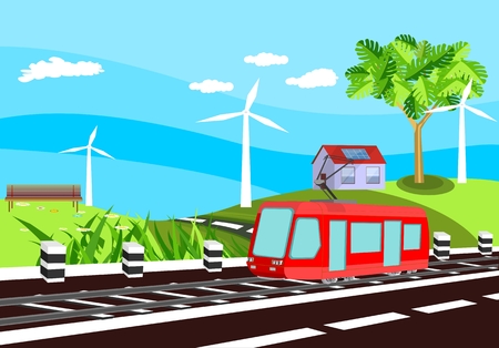 Red Electro train driving on the railway, eco houses and green hills on background, countryside, vector illustrationのイラスト素材