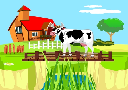 Cow standing on the bridge over the river, countryside landscape vector illustrationのイラスト素材