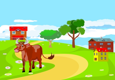 Cow walking on the road, countryside landscape vector illustrationのイラスト素材