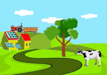 Cow standing at the road, countryside landscape vector illustrationのイラスト素材