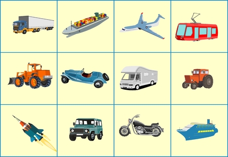 Transoprt objects vector set icons automobils, train, truck, plane.のイラスト素材