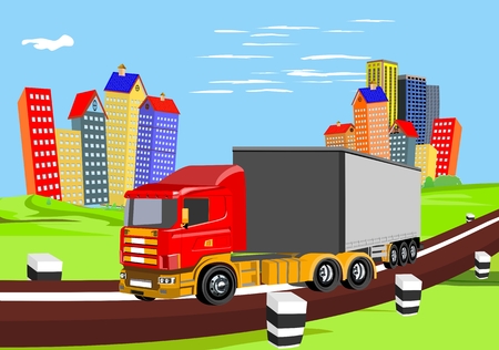 Vector 3d truck automobill driving on hihgway, countryside, city buldings on background, vector illustrationのイラスト素材