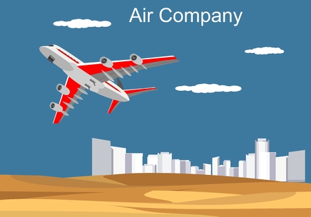 Cityscape, urban buildings behind the hills, plane flying above the desert on blue sky, travel concept vector illustrationのイラスト素材