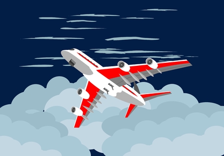 plane flying on blue sky among the clouds, travel concept vector illustrationのイラスト素材