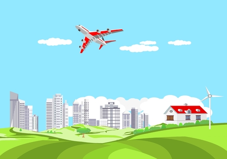 Cityscape, urban buildings behind the hills, plane flying on blue sky, travel concept vector illustrationのイラスト素材