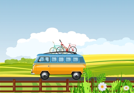 Vector minibus driving on road, countryside, rural background, vector concept illustrationのイラスト素材