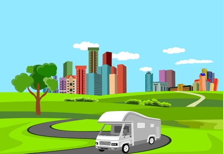 Vector 3d trailer automobill driving on road, countryside, city buldings on background, vector concept illustrationのイラスト素材