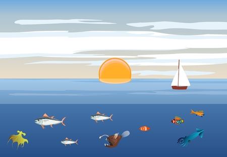 Ocean landscape, sea animals underwater, vector illustrationのイラスト素材