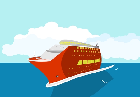 Ocean landscape, Red cruise liner,, clouds in the horizon, vector illustrationのイラスト素材