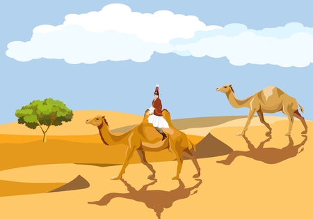 Kazakh woman in traditional dress riding on camel in desert. desert landscape, barhans.のイラスト素材