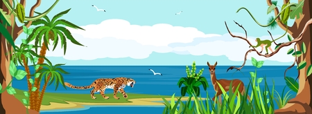 Jungle forest, river, jaguar, and grassのイラスト素材