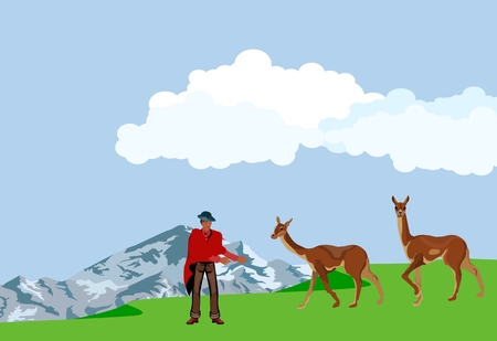 Animals, man and women in national dress, vector landscapeのイラスト素材