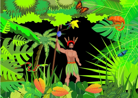 Jungle vector scene background, wildlife theme, chameleonのイラスト素材