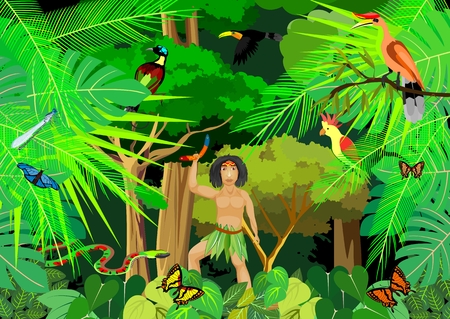 Jungle vector scene, wildlife theme, wildlife theme, tiger and parrotのイラスト素材