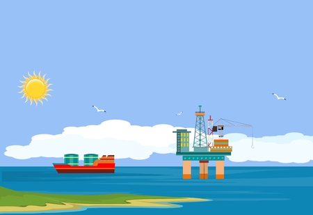 Sea oil platform on sea, indsutry illustration flat vectorのイラスト素材