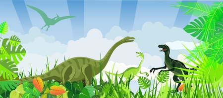 dinosaurs of jurassic time, prehistoric life animalsのイラスト素材