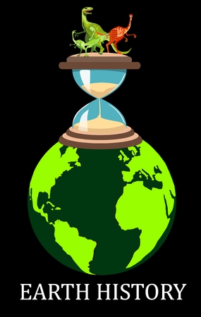 Dinosaurs on hour glass, globe vector colored concept illustrationのイラスト素材