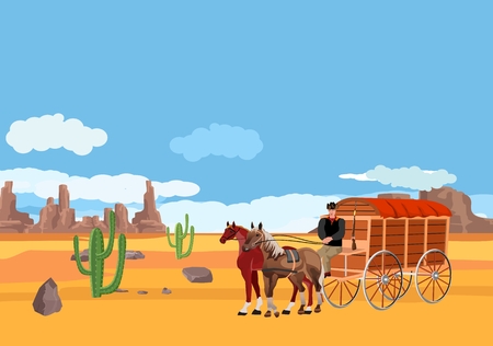 Wild West covered wagons and cowboys in the desert landscape. Vector illustrationのイラスト素材