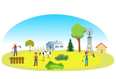 Farm concept with working farmers. Fields, farm houses Vectorのイラスト素材