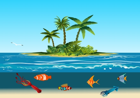 Summer vacation scene, tropical island in the ocean vector illustrationのイラスト素材