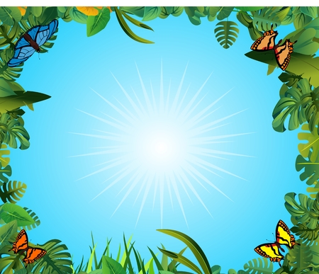 Summer Time Tropical floral frame with blue sky. Design templateのイラスト素材