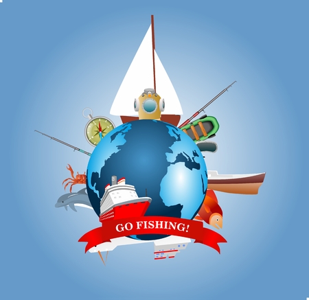 Marine and diving themes concept, globe and itemsのイラスト素材