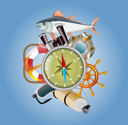 Marine and diving themes concept illustration, compass and itemsのイラスト素材