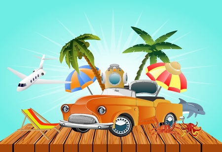 Summer travel, beach, beach, beach, equipments set, advertising.のイラスト素材
