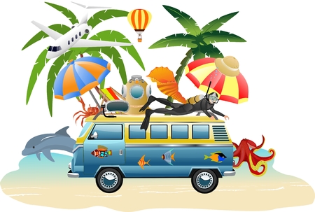 Summer travel and vacation concept, elements and equioments set, advertising.のイラスト素材