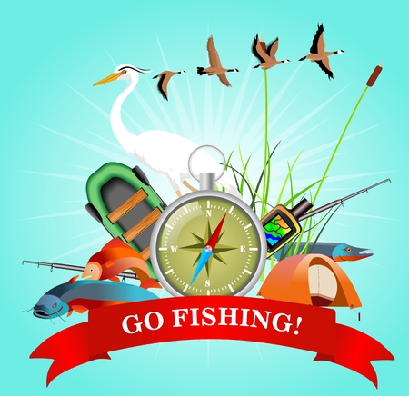 Fishing concept illustration, and equipments vectorのイラスト素材