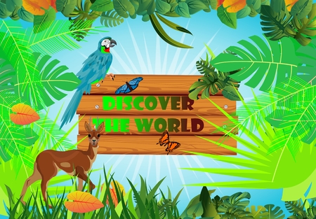 Outdoor tourism concept, jungle floral frame wildlife and tourism, vector illustrationのイラスト素材