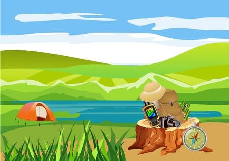 Outdoor tourism concept, travel items on the stump, vector illustrationのイラスト素材