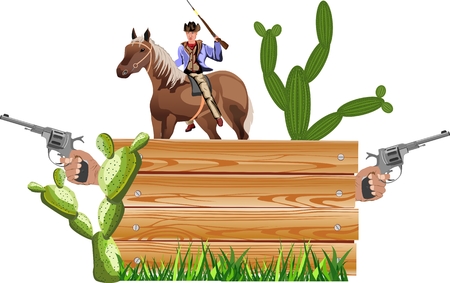 Wild west theme, cowboy with riffle, cactus, concept western vector illustrationのイラスト素材