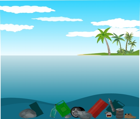 Polluted ocean, garbage on the ocean floor, environmental issues, vectorのイラスト素材