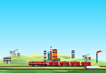 Oil industrial landscape, oil train and oil plants, petrol factoryのイラスト素材