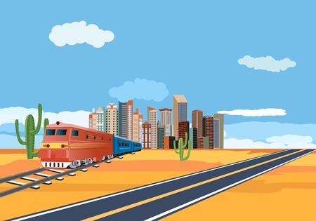 trains in the desert, city buildings in horizonのイラスト素材