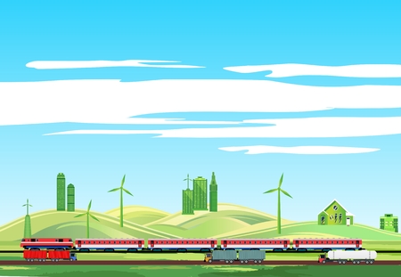 Countryside landscape, train on railroad, highwayrのイラスト素材