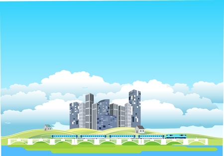 Countryside landscape, ecocity, train on bridge,のイラスト素材